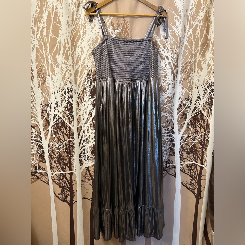 torrid 1X Metallic Gunmetal Silver Maxi Dress with Tie Straps